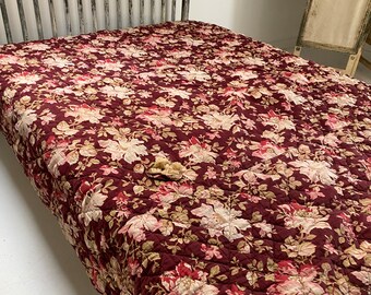 96 X 72 Antique 2 PATTERNS DOUBLE sided Quilt for Queen Full size bedding  REPAIR from France red striped floral wool batting eco-friendly