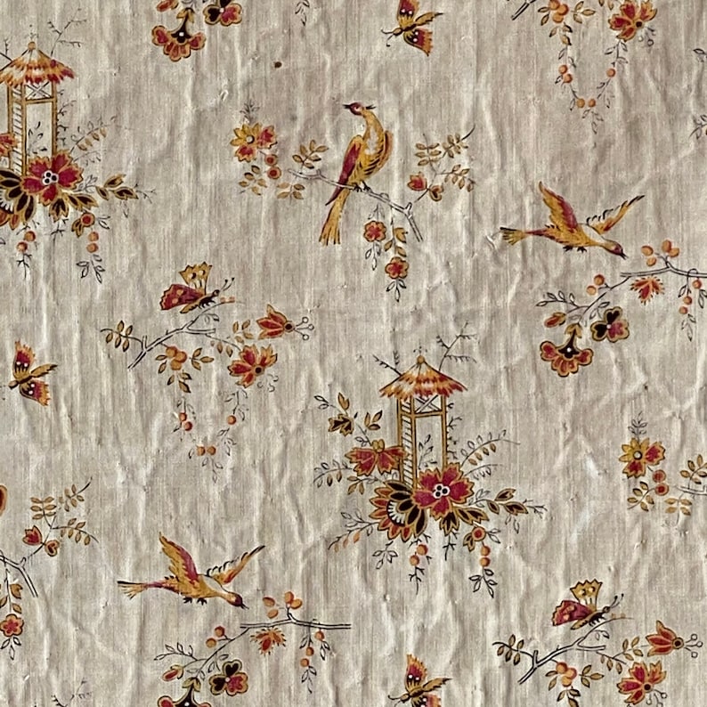 Chinoiseries Pagoda Robin damaged fabric for design c 1860 Small Scale