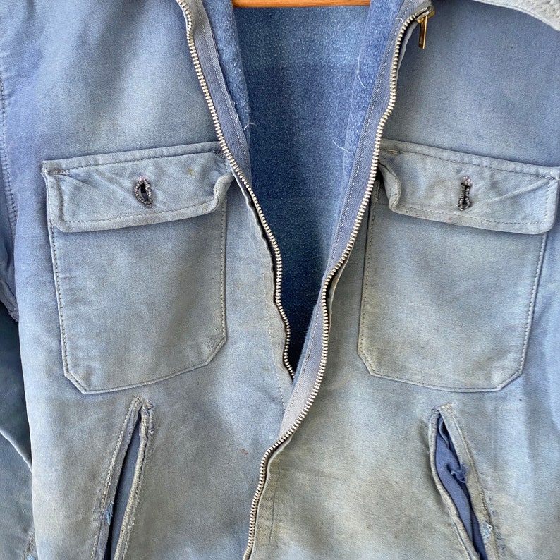 AMAZING WOW Vintage Jean Jacket French Blue Workwear Faded Antique Denim Distressed Coat image 8