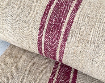 Antique hemp stair table runner BY THE YARD burgundy red stripes homespun heavy sturdy upholstery fabric