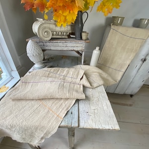 Linen table runner blue red+gold striped grainsack grain sack fabric Rustic French Farmhouse Country look Coastal home  eco-friendly