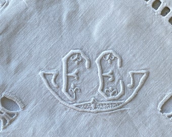 FE monogram White Vintage Embroidered pillow case  monogram embroidered with lace linen eco-friendly