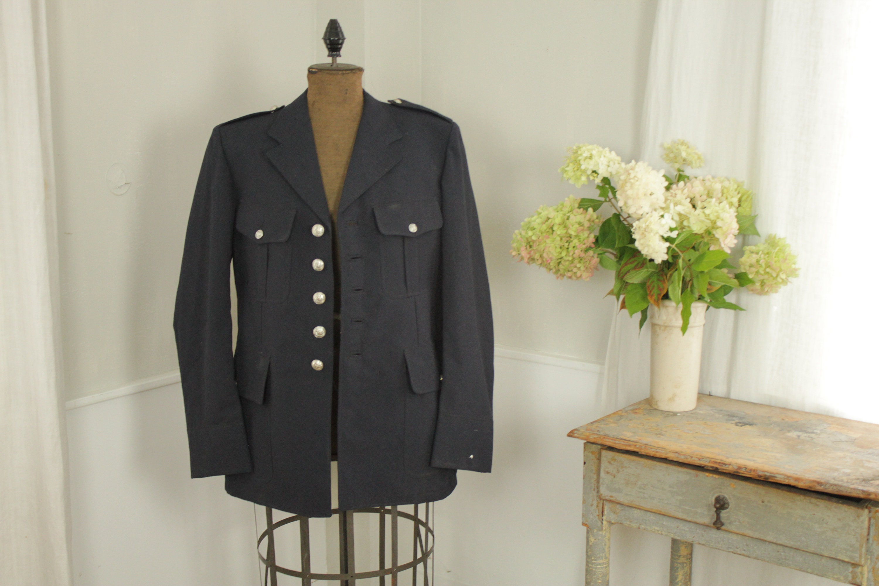 Police Jacket Vintage French Uniform Work Wear Coat Laurel Metal