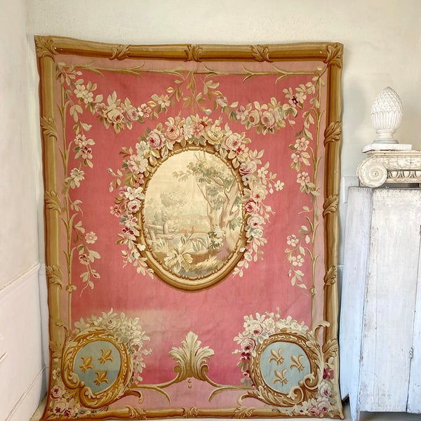 85 x 63  PINK Antique 19th century French Aubusson tapestry style Mediaeval scene handwoven handmade Unique textile rug carpet ?