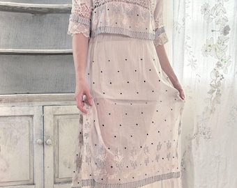 Antique Lingerie Dress Edwardian 1910s Pink Cotton Voile Lace Rose Embroidery black Dots Tea Gown Small XS  Art deco Heirloom drop waist