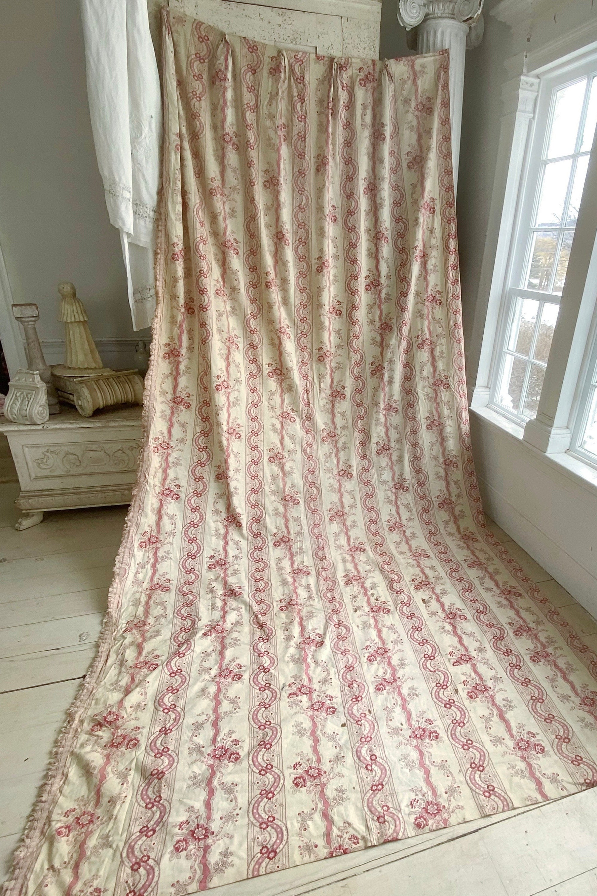 Antique French Curtain 1910 Floral Pink Stripe Stylized