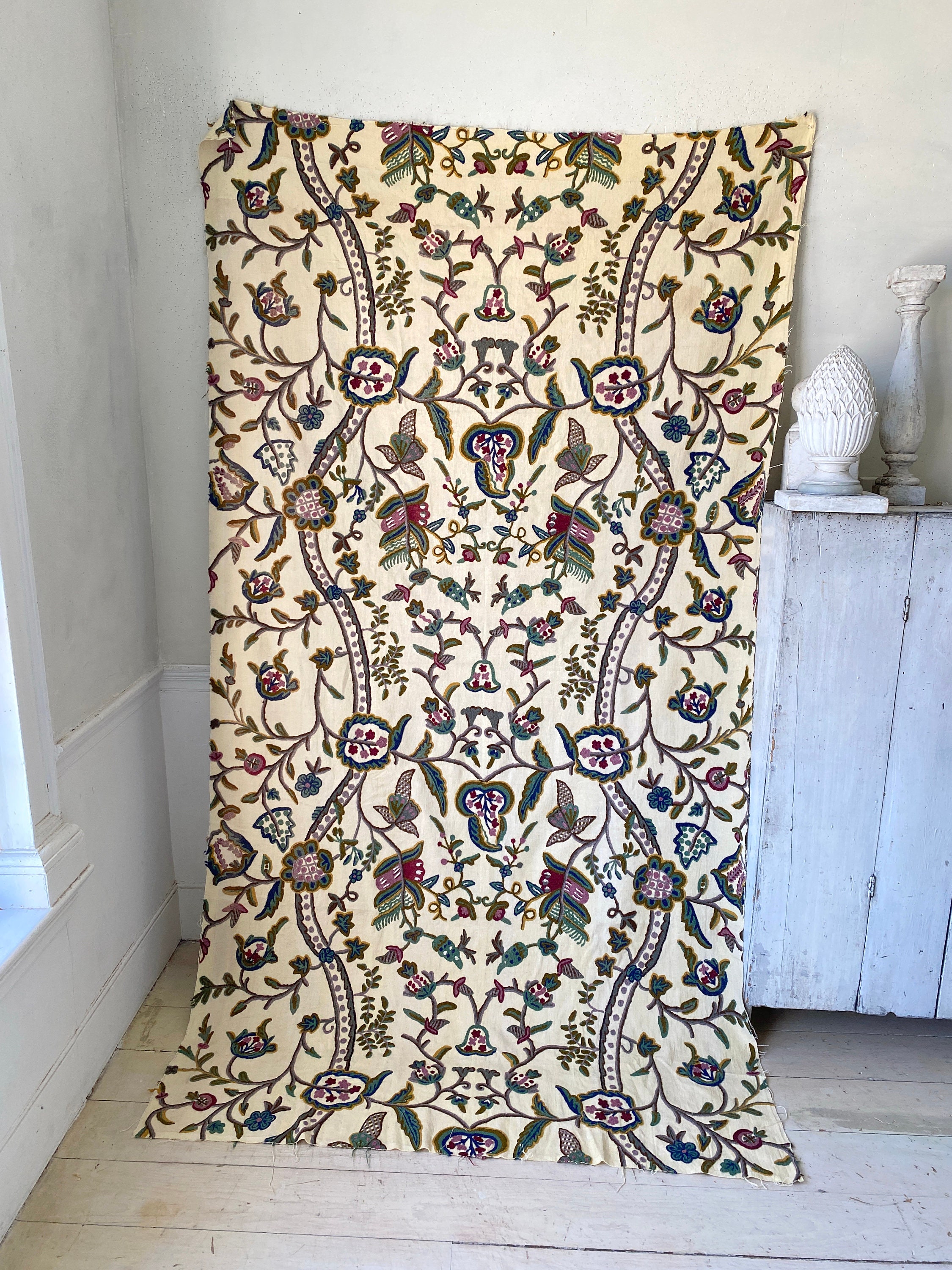 97x54 Crewel Work Fabric Crewelwork Vintage French Textile Handmade ...