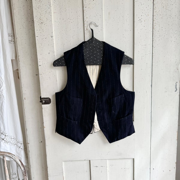 6 button waistcoat Vest Workwear French work wear Antique French brown woven tweed  unisex  vest / waistcoat black wool