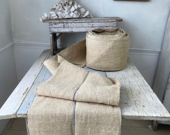 PER 2 YARD length ~Damaged BLUE stripe natural  ground  Stair Runner Heavy Hemp Grain Sack Fabric by the yard Table runner Coastal home