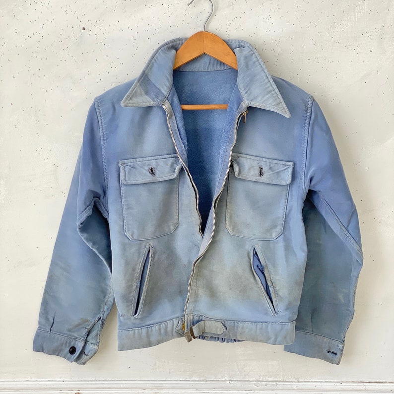 AMAZING WOW Vintage Jean Jacket French Blue Workwear Faded Antique Denim Distressed Coat image 7
