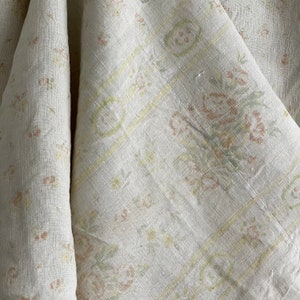 Antique French linen curtain yellow FADED floral with borderUnique window treatment eco-friendly