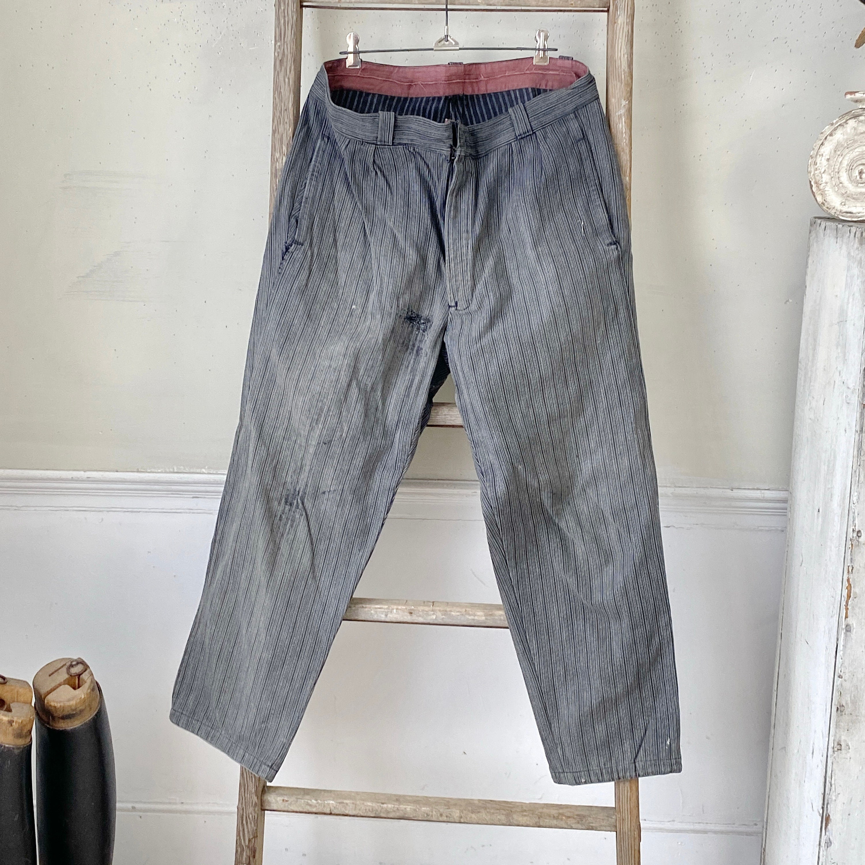 パンツ 50s French Vintage Stripe Work Trousers 1950s French Grey Salt Pepper Stripe Cotton Chore Pants