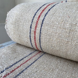 Corredor de escaleras orgánico de rayas rojas y azules, tela de saco de grano de cáñamo, rayas, estilo antiguo, vintage, cottagecore, textil, baúl
