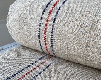 Red blue stripe Organic Stair Runner Hemp Grain Sack Fabric   Stripes  Striped Antique Vintage Cottage  Cottagecore Textile Trunk
