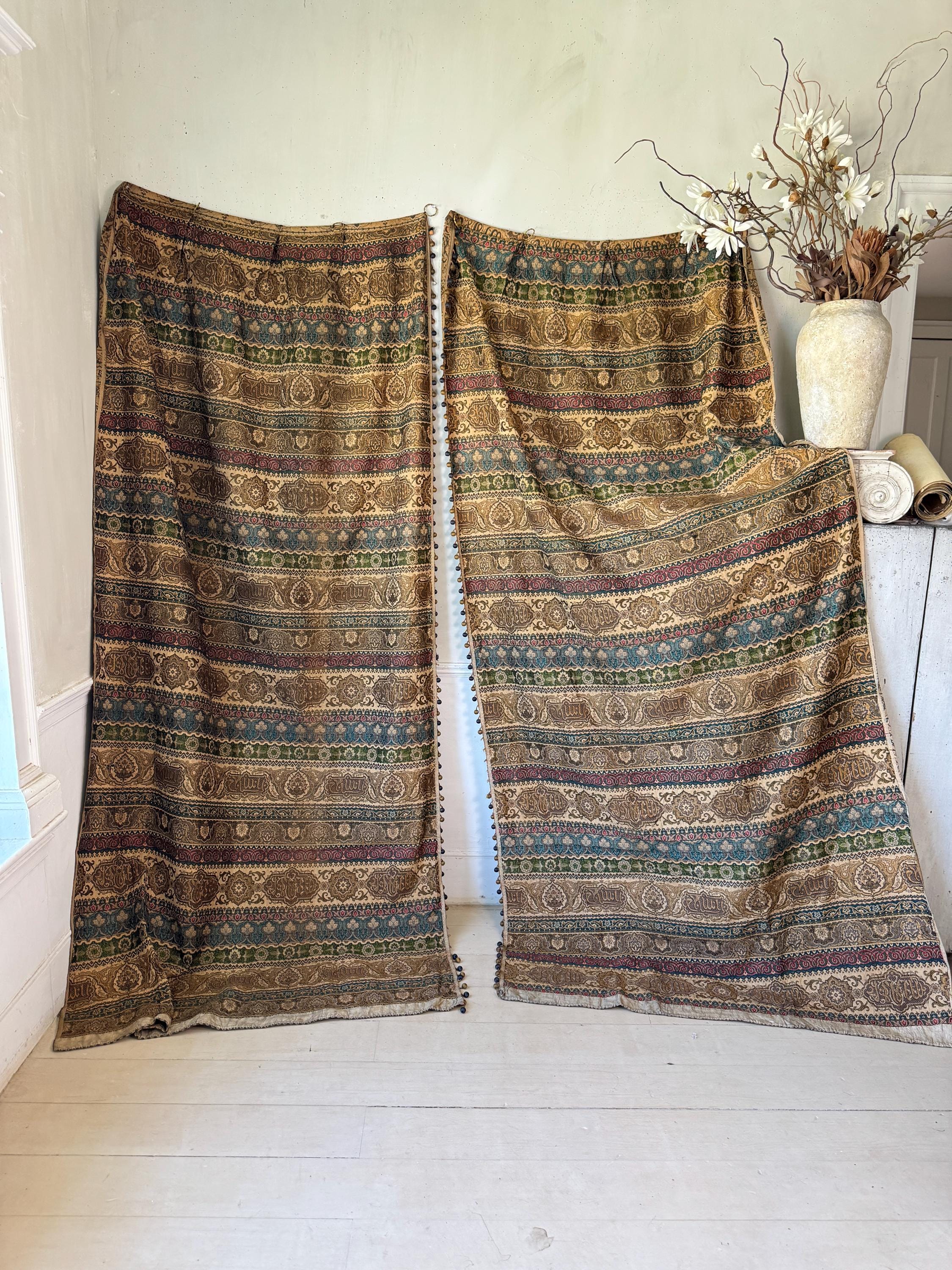 2 94x48 Antique Curtains Ottoman Silk Cotton Textile Pair Islamic