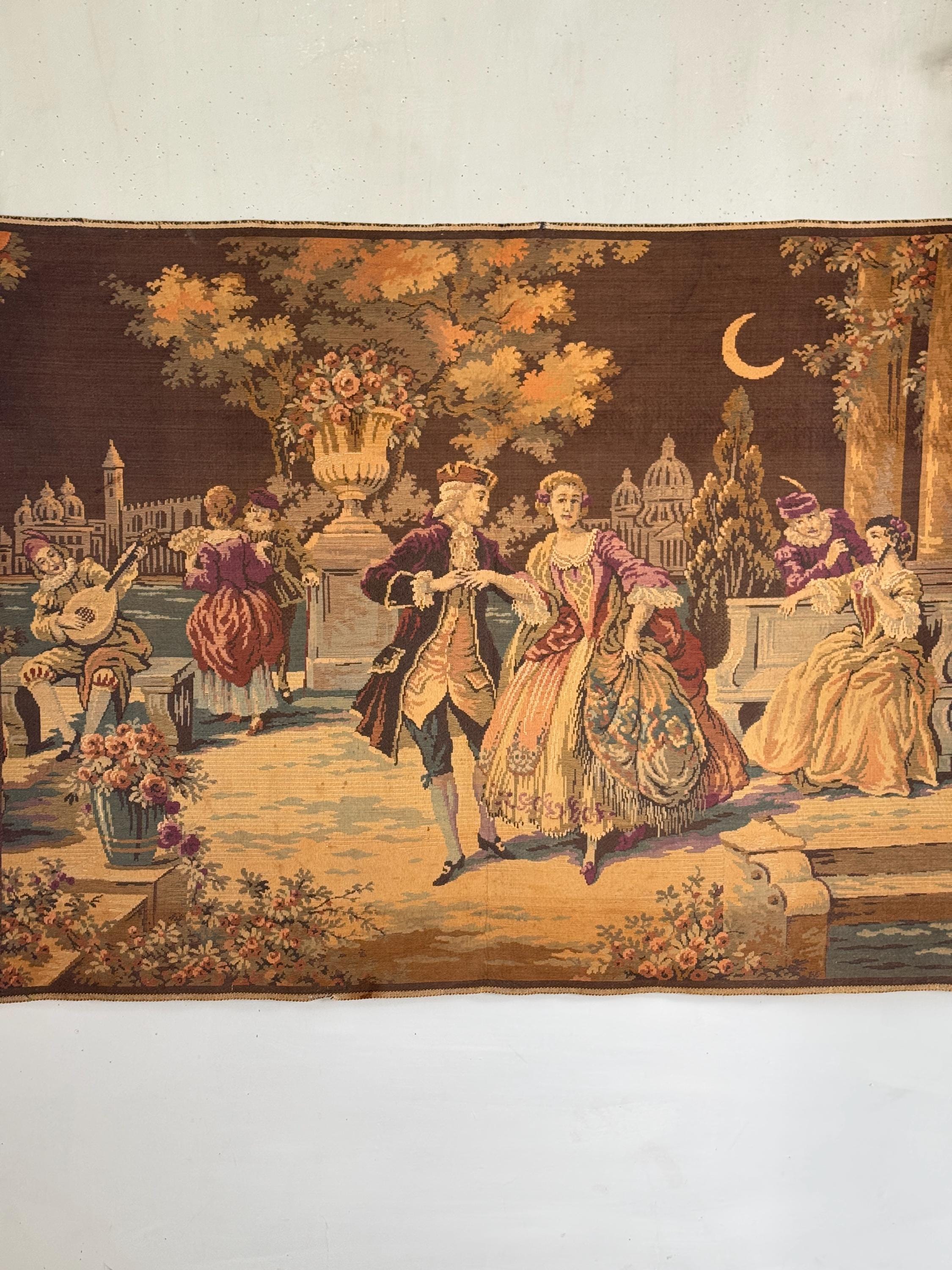 54x37 French Antique Tapestry Wall Hanging Art Unique Castle