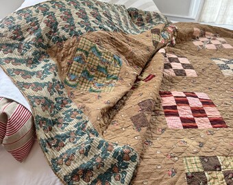 105x84 英語 更紗 パッチワーク キルト 18世紀 19世紀 布地 光沢加工