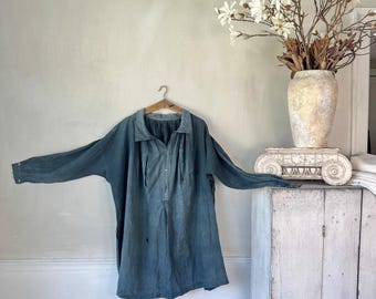 38 X 80 Antique Indigo Blue French Linen Smock Shirt Mid 1800s