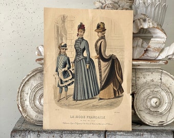 Referência histórica 1886 Moda Francesa antiga Ilustração Francesa desenho tonalizado traje moldura arte de parede colecionável papel têxtil Baú
