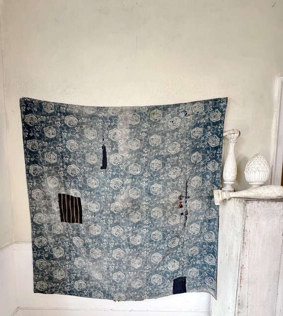 64x64 Boro Antique Japanese Blanket blue Indigo Resist Front Brown Plaid Back Textile Art country farmhouse wall art hanging Wabi-Sabi Decor
