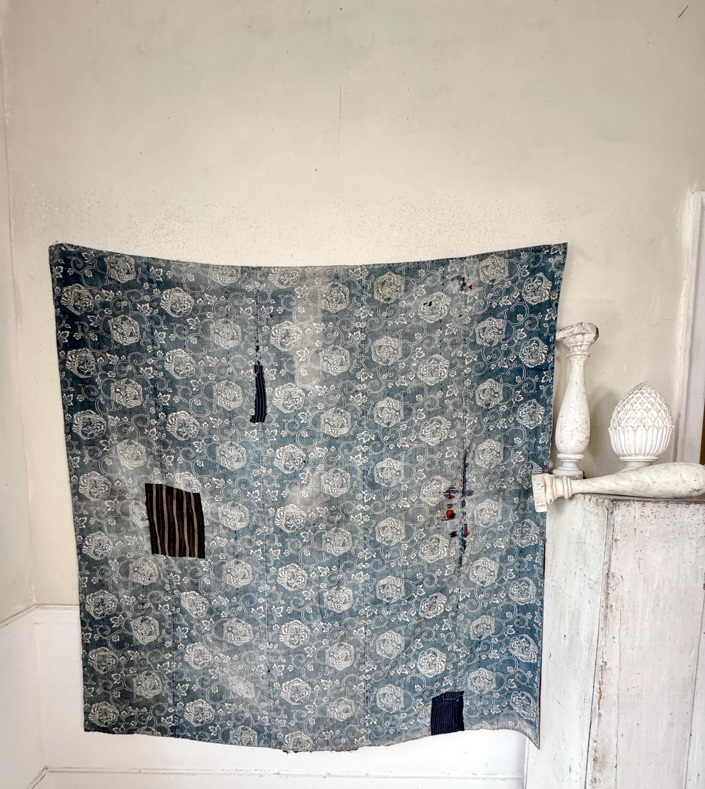その他 USED BLANKET 64x64 Boro Antique Japanese Blanket Blue Indigo Resist Front Brown