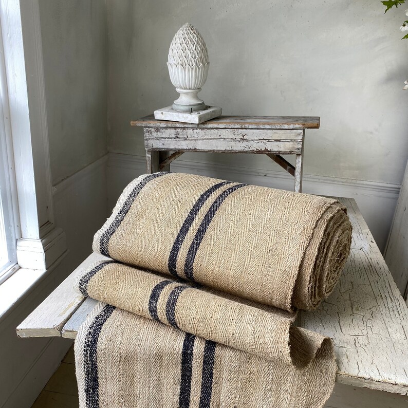 Stair runner heavy hemp Grain sack Fabric by the yard blue indigo Antique homespun linen The Textile Trunk Modern Farmhouse image 1