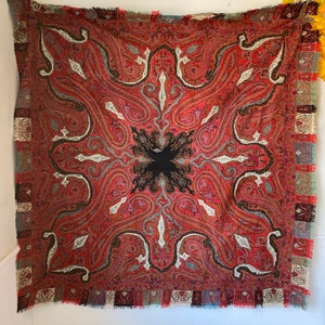 Square Paisley shawl 19th century antique wool textile hand embroidered kashmir eco-friendly