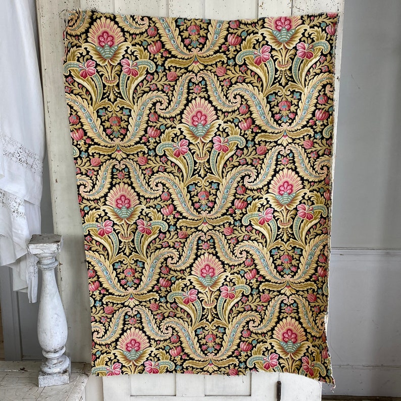 1900 Antique French black fabric floral faded heavy weight upholstery material
