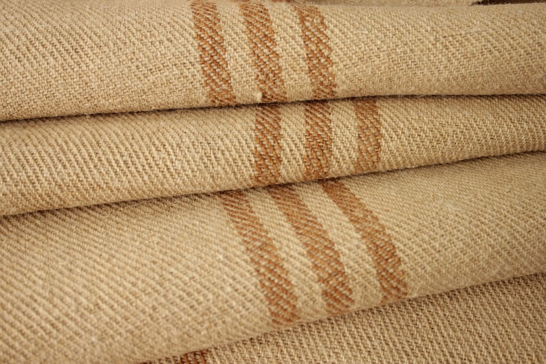 Grain sack Fabric Antique homespun linen caramel striped hemp by the yard