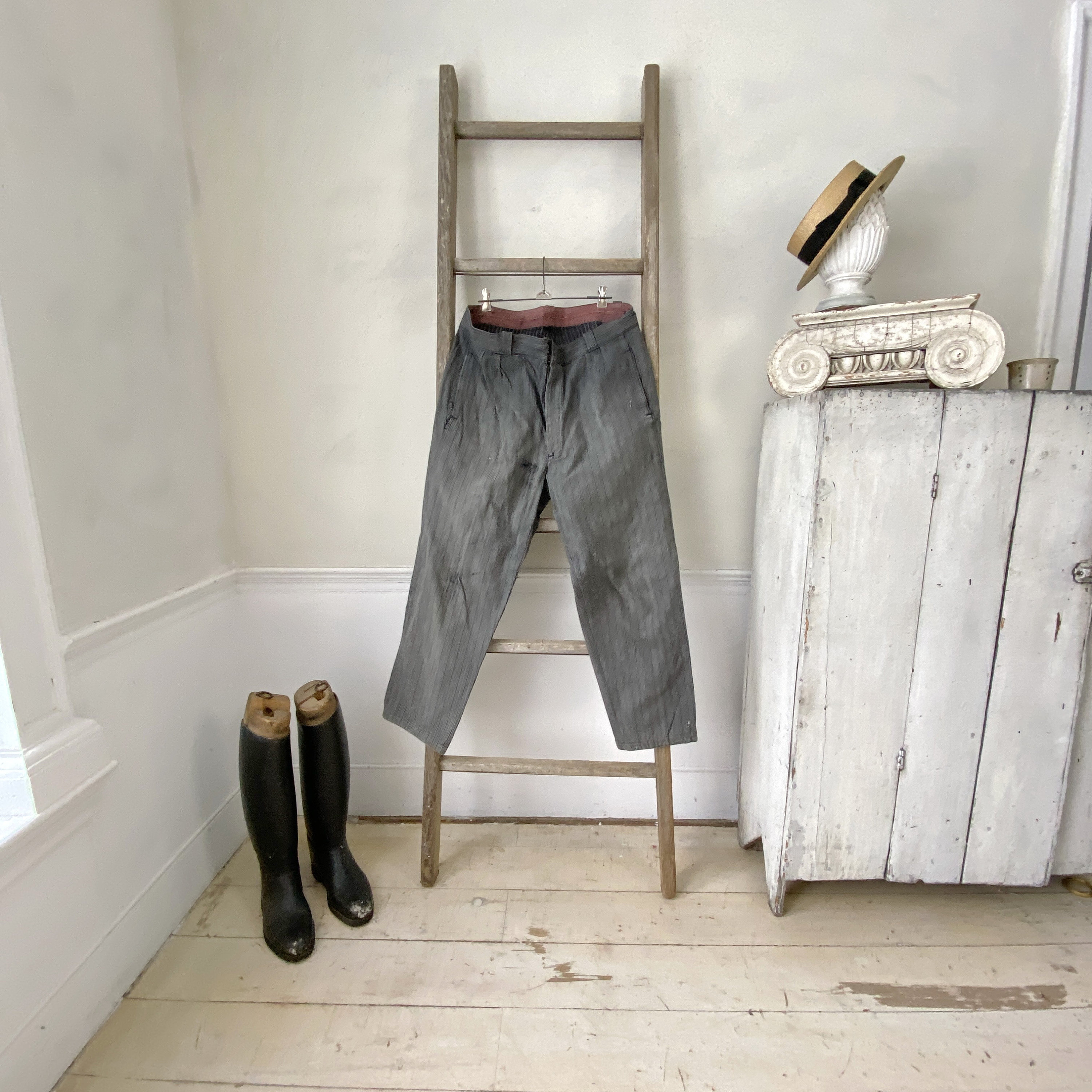 パンツ French vintage work stripe trousers Vintage 1930s French Work Pants 2XL Salt&pepper Suspender