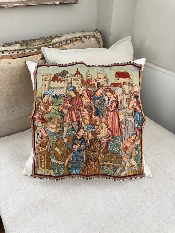 20.5x20.5 Antique Tapestry Square Early 1900’s Medieval Figures Castle Scene Woven Textile Wall Art Cushion Front Fragment material