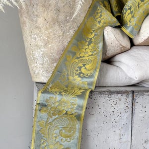 Oreillers de bordure tissés en soie damassée bleu/bleu sarcelle d'or de 2,94 mètres, décoration de style campagnard français patine