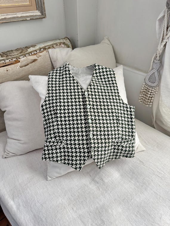 Vintage Wool Cotton Houndstooth Vest 1960’s French Wabi Sabi Tailored Menswear Rustic Home Decor Upcycled Ecofriendly Wall Art tweed View 3