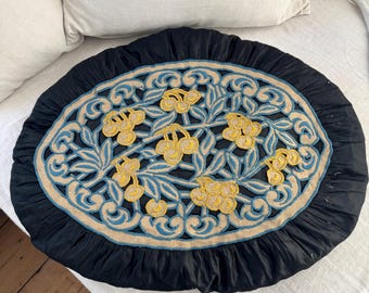 1920's Antique French pillow silk embroidered cutwork round cushion blue gold floral design unique wall art handmade farmhouse decor