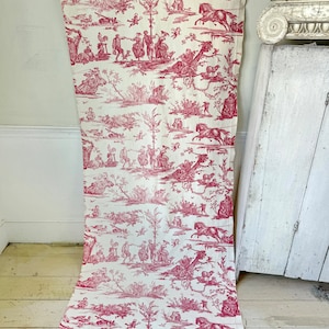 109x34 HEAVY weight French toile Four Seasons white red faded fabric material old eco-friendly