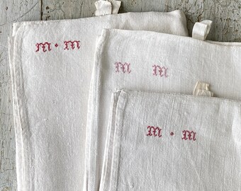 1 French antique ( multiples available MM or WW monogram antique c1880 linen dish kitchen hand towel homespun handloomed