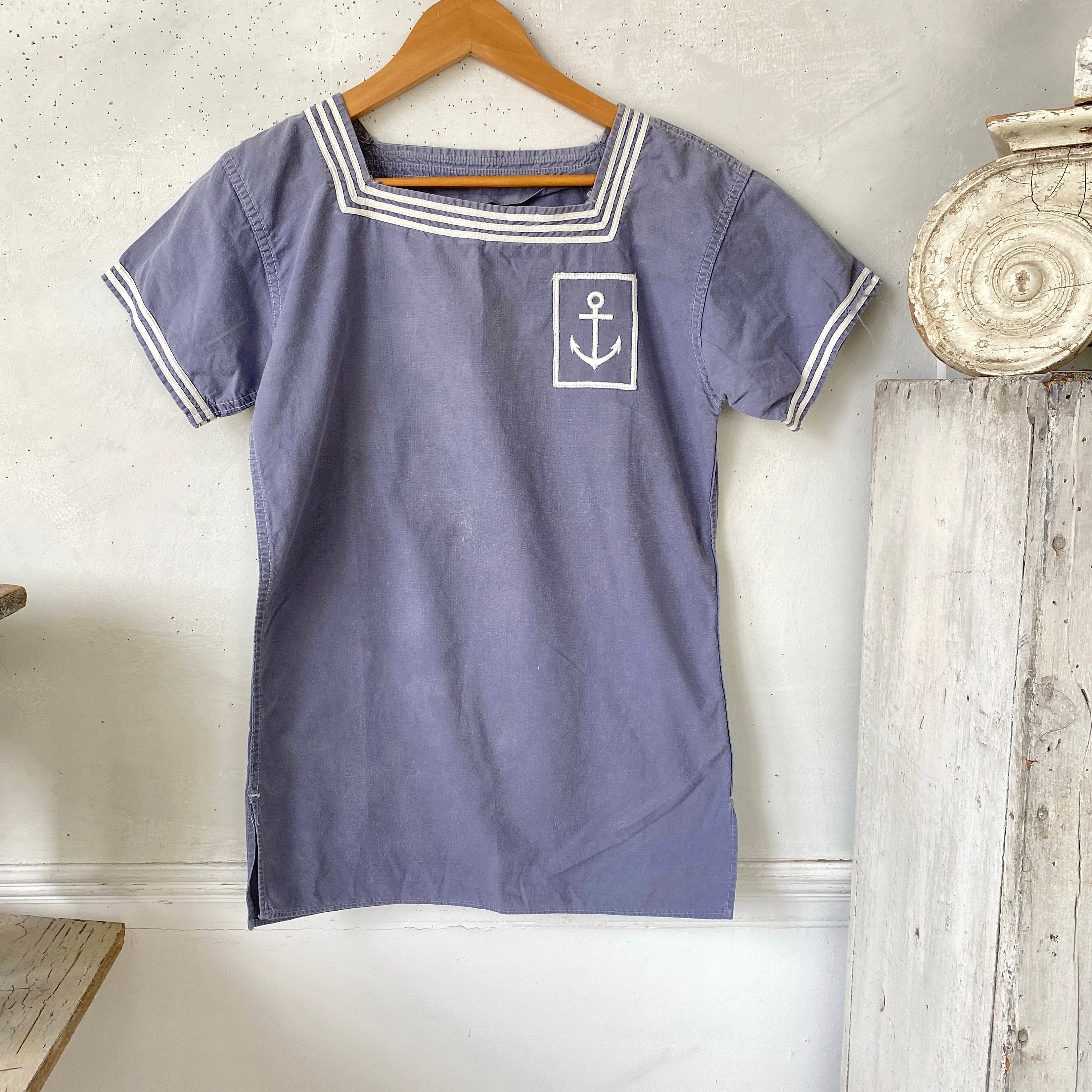 Vintage Faded Sailor Shirt Short Sleeved French 1920's Navy