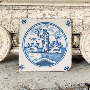 5x5 18th century French antique tile XVIIIè en Faience de Delft Ceramic blue pottery country cottage home decor shabby European farmhouse