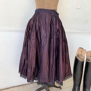 Indigo blue dyed Antique French chintz skirt with bees waz coating , petticoat late 1800&#39;s lace trim dark academia Coastal home
