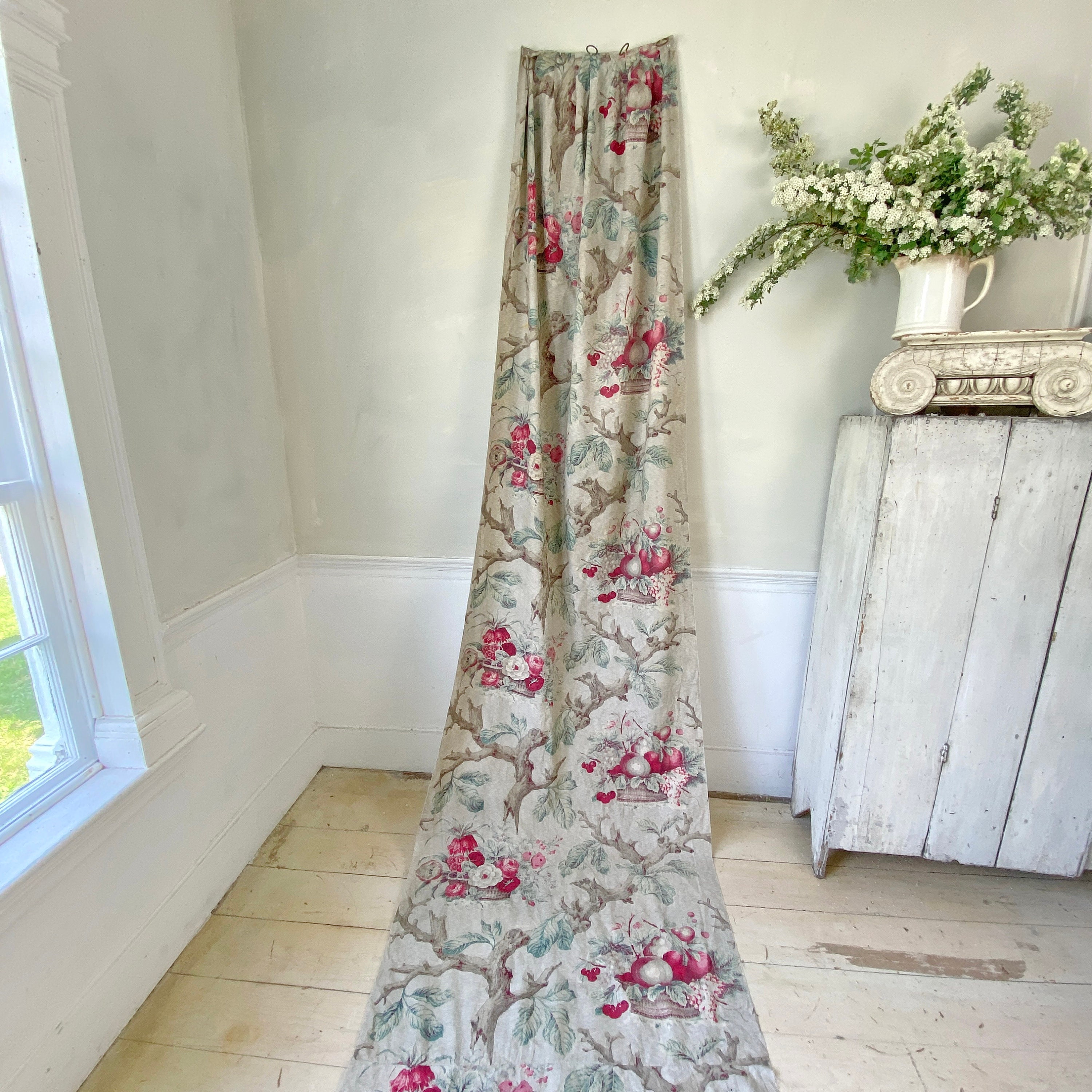 Antique French Fabric Curtain 1850 Basket Floral Arborescent Hand Block ...