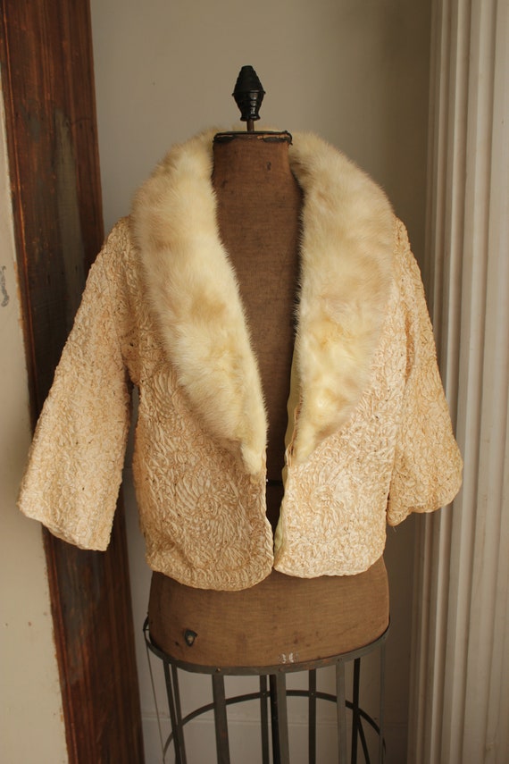 Ribbon Jacket with Mink Snap-on Collar Vintage Fr… - image 4