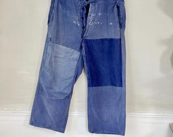 36 French Vintage blue workwear pants trousers distressed Patched mends repairs repaired ecofriendly recycled upcycled clothes denim Indigo