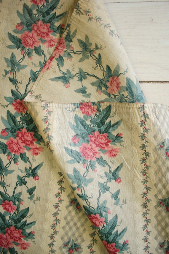 Chintz Fabric Antique Rare Block Printed 1850's Crisp Glazed Cotton Rose Floral 31 by 120 inchesUnique window treatment eco-friendly