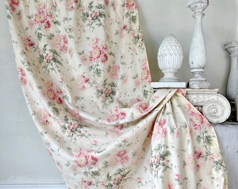 128x47 LARGE antique 1910 French floral faded curtain drape pink yellow cream unique handmade textile Coastal home  eco-friendly