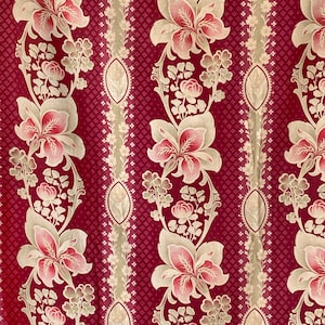 Burgundy red Art Nouveau cotton fabric material iris floral print farmhouse cottagecore  maroon beige green The Textile Trunk eco-friendly
