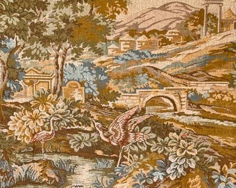 May include: A vintage tapestry featuring a landscape scene with a bridge, trees, and birds. The tapestry is woven with brown, green, and blue threads, creating a detailed and intricate design.