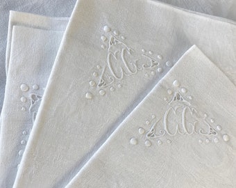 11 SET Antique French CG monogrammed napkins c 1910 hand embroidered STUNNING 27 x 29