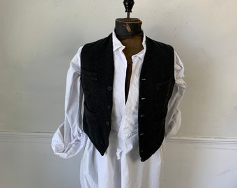 Antik fransk grå vävd tweed unisex väst/ullrandig arbetsklädesplagg boho shabby inredning miljövänlig