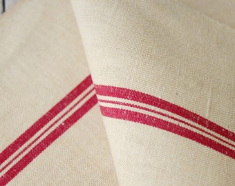 Vintage French dish towel off-white linen with red stripes c1920 farmhouse country style