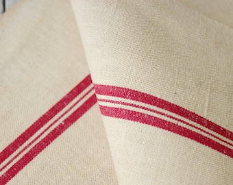 Vintage French dish towel off-white linen with red stripes c1920 farmhouse country style eco-friendly